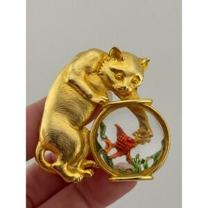 Vintage JJ Jonette Gold Tone Cat Fish Tank Brooch READ